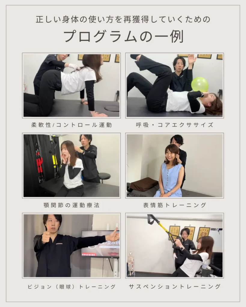 顔の歪み・姿勢バランス集中トレーニングプランのモニターの内容の一例