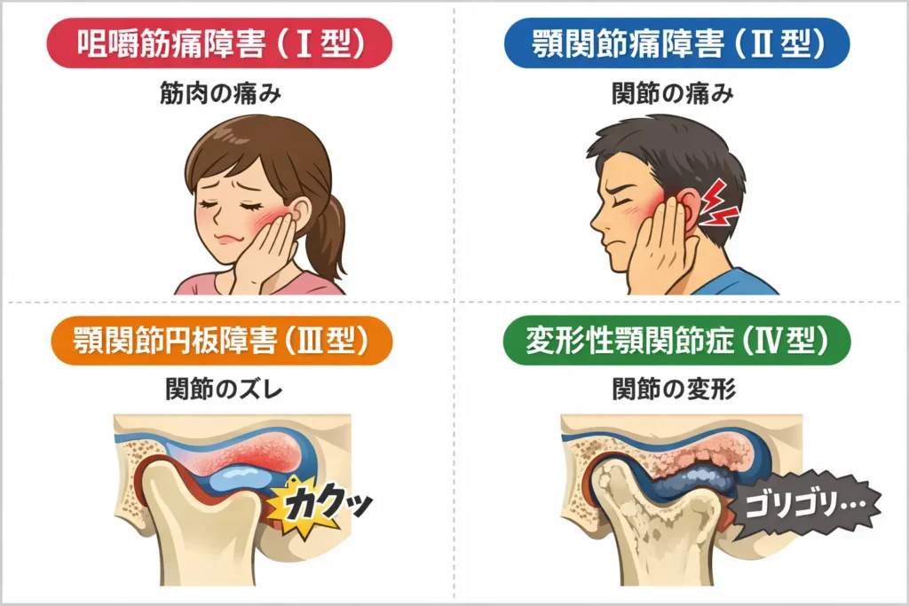 咀嚼筋痛障害（Ⅰ型）・ 顎関節痛障害（Ⅱ型）・ 顎関節円板障害（Ⅲ型）・ 変形性顎関節症（Ⅳ型）