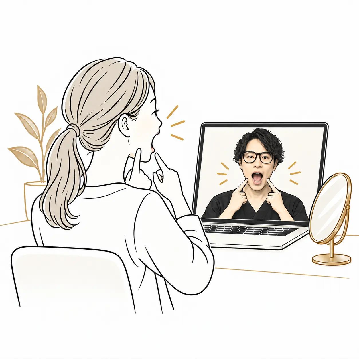 画面越しの指導に合わせて口を開ける運動を行う女性の線画