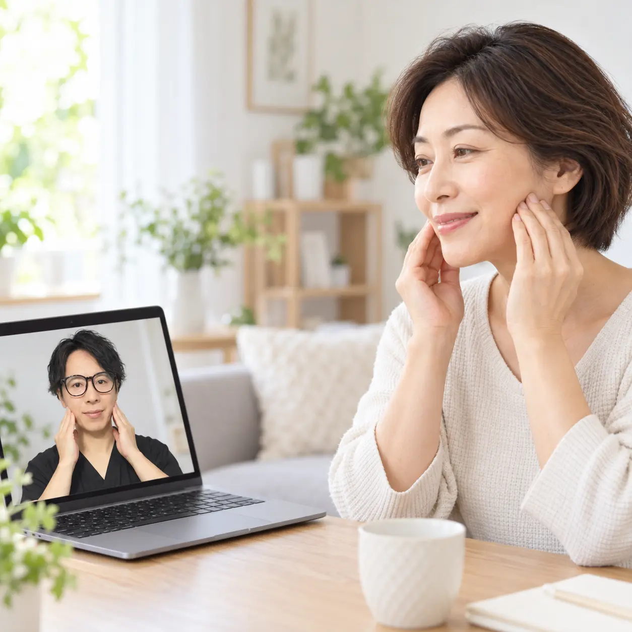 女性がオンライン指導を受けながら頬周囲のセルフケアを行うイメージ