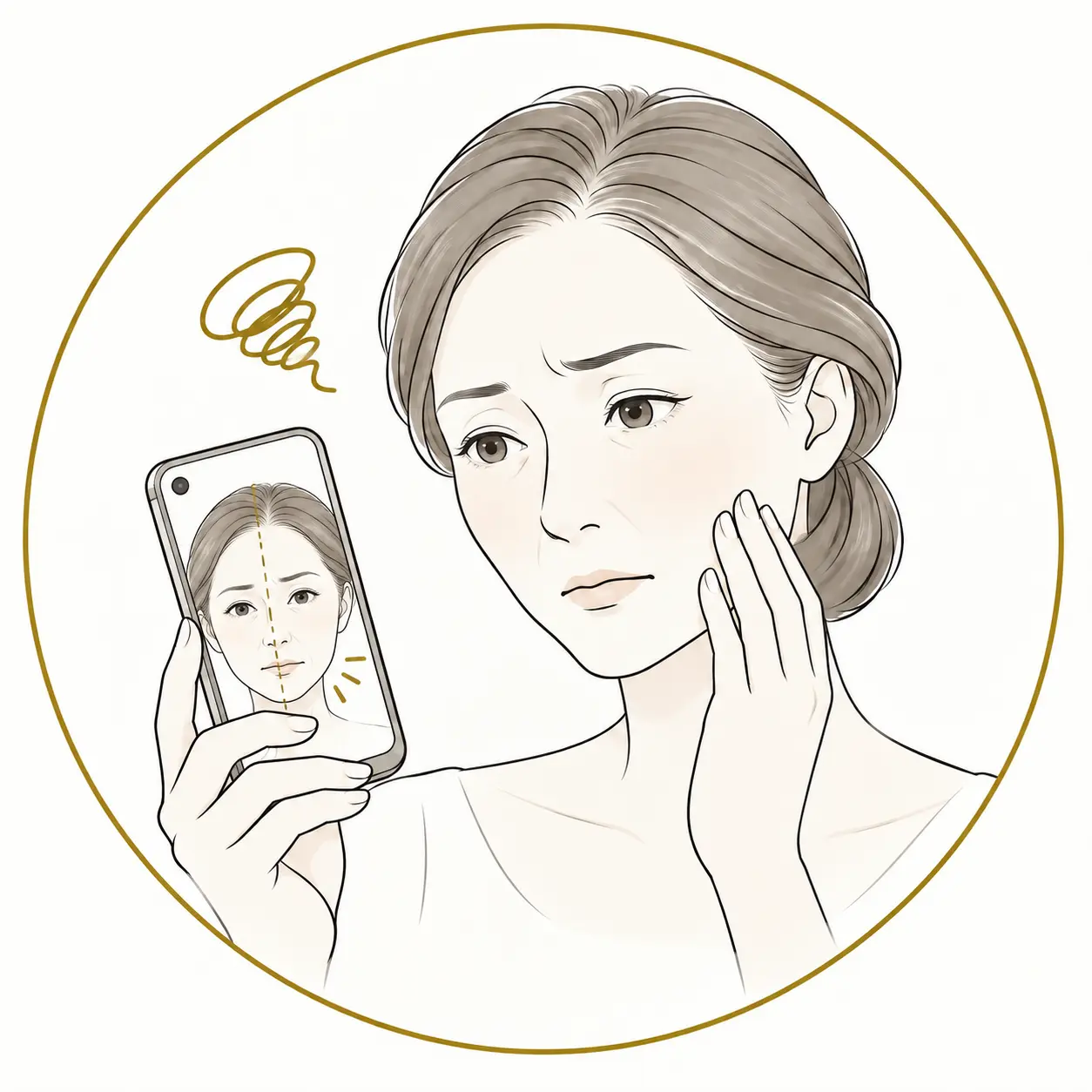 写真に写った自分の顔が気になる悩みを表したイラスト