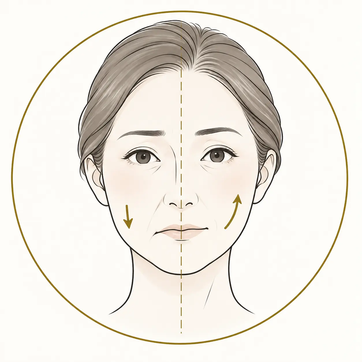 口角や頬の高さの左右差を示す女性の顔のイラスト