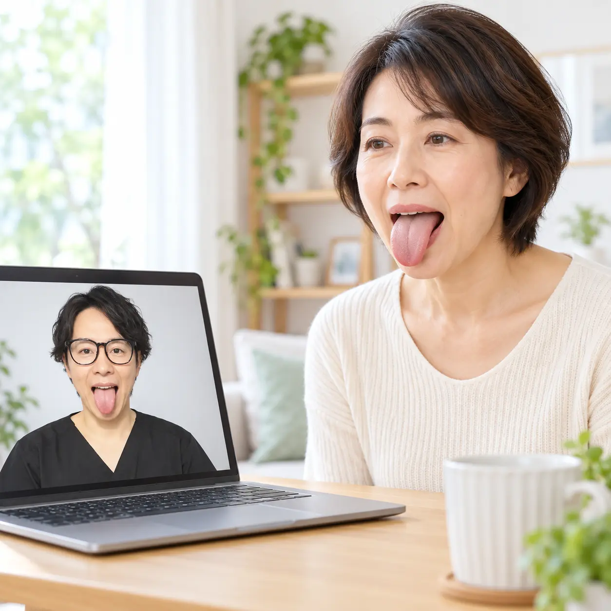 女性がオンラインで舌の動きを練習するイメージ
