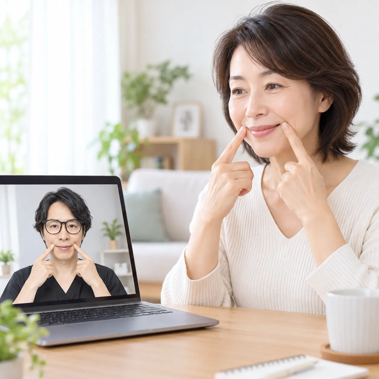 女性が画面越しの指導を受けながら笑顔の動きを練習するイメージ