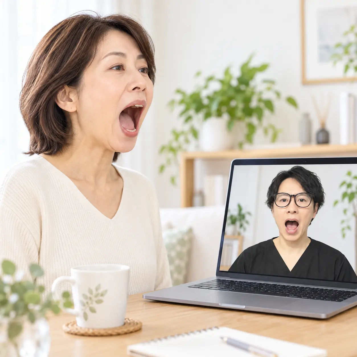女性が画面越しの指導を受けながら口の開閉を練習するイメージ