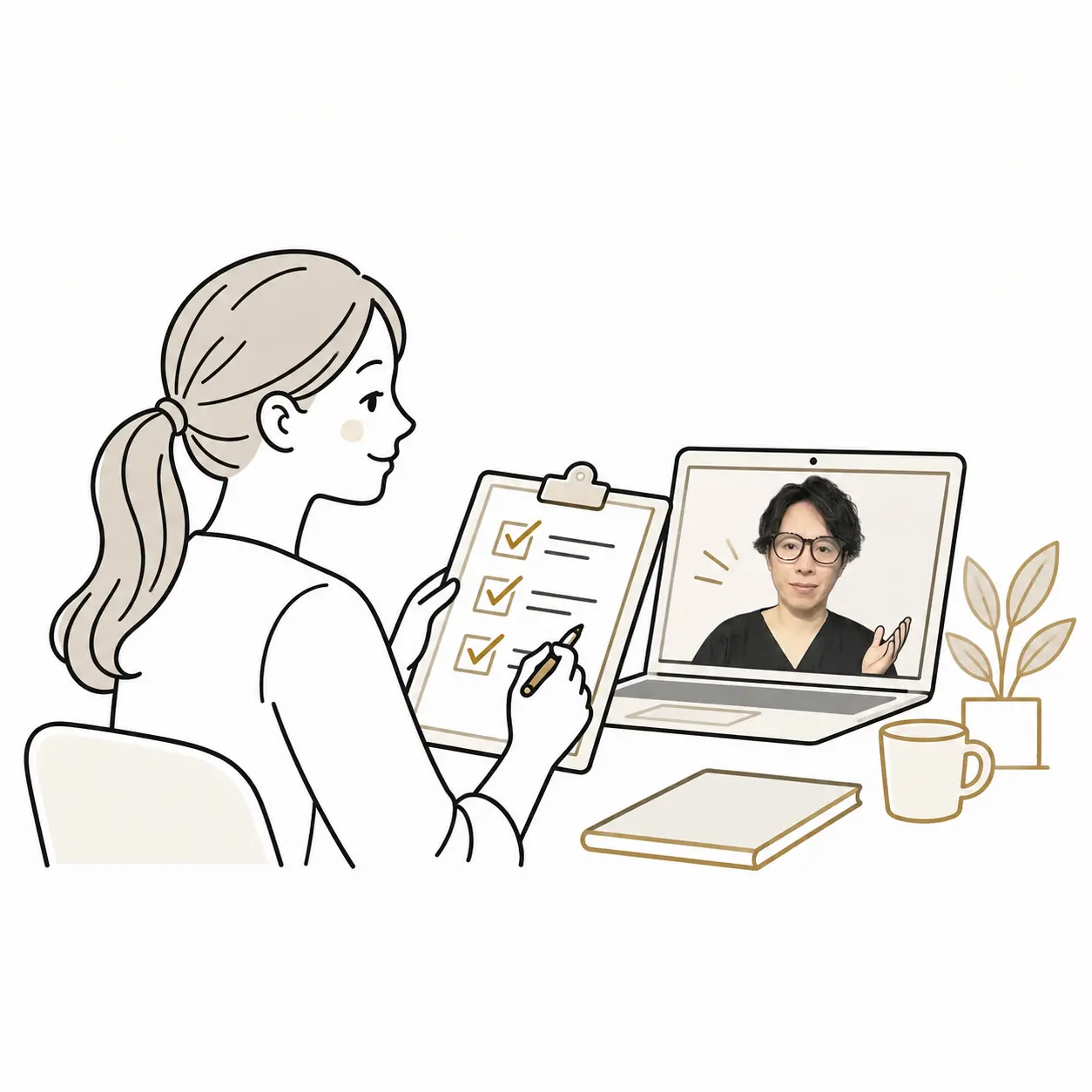 説明を聞きながら今後の取り組みを確認する女性の線画